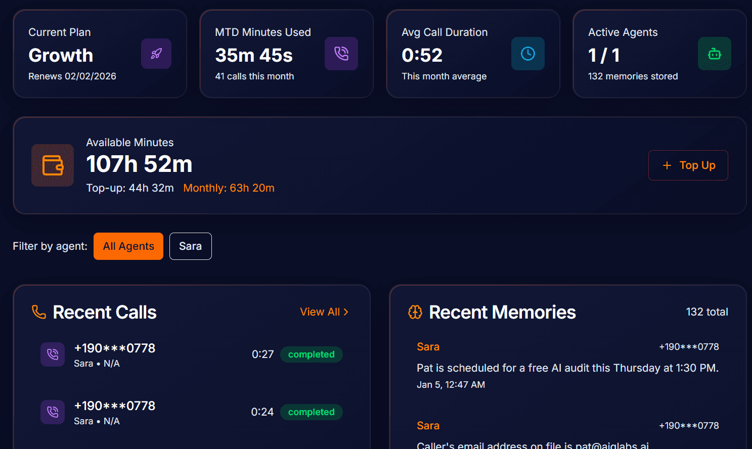 Answrr dashboard showing live call transcriptions, caller memories and booked appointments